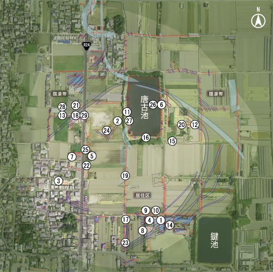 1～29の数字で場所が表現されている唐古・鍵遺跡の地図画像