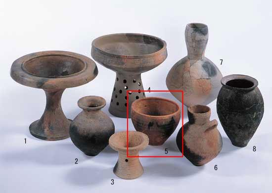 （写真）1高坏、2広口壺、3器台、4台付鉢、5鉢、6水差形土器、7細頸壺、8甕が陳列されており、5のみ赤線で囲われている