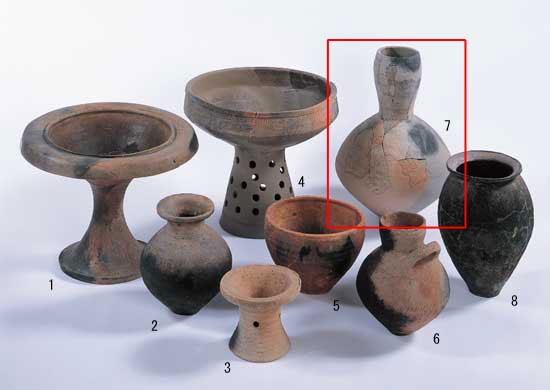 （写真）1高坏、2広口壺、3器台、4台付鉢、5鉢、6水差形土器、7細頸壺、8甕が陳列されており、7のみ赤線で囲われている