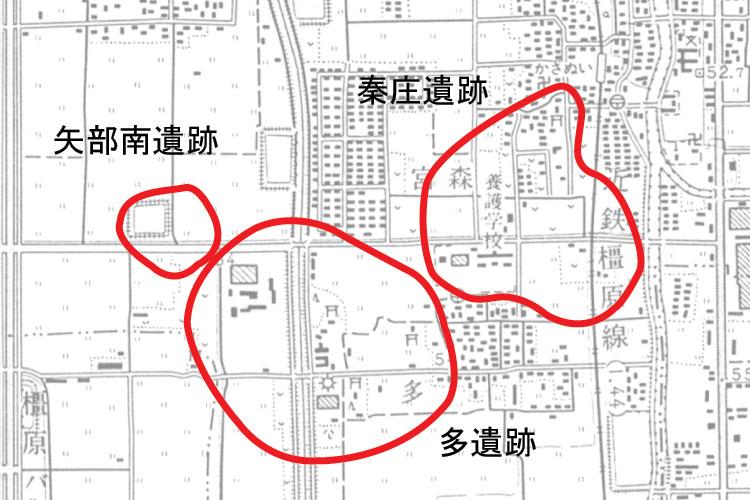 多遺跡・矢部南遺跡・秦庄遺跡の拡大地図