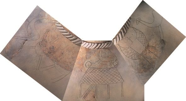 広口壷胴部に描かれた絵画。広口壷の絵画には、シカ・人物・建物が並べて描かれている。